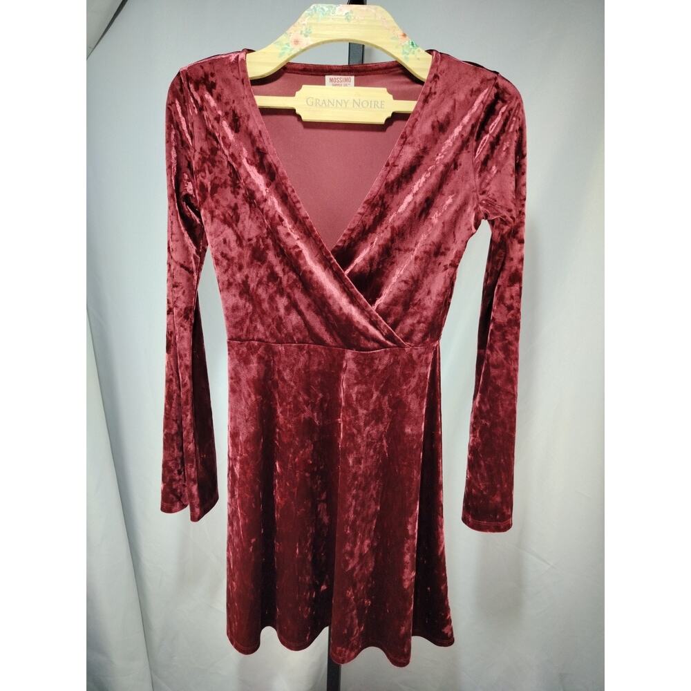 Burgundy Velvet Fit & Flare Faux Wrap Dress, Size XS